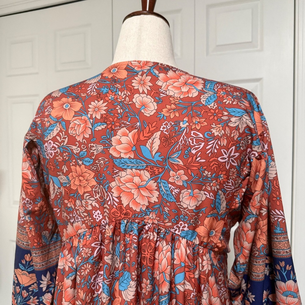 Flowy Bohemian Orange Blue Paisley Floral Mini V Neck Womens Large Dress cottage - Picture 4 of 10